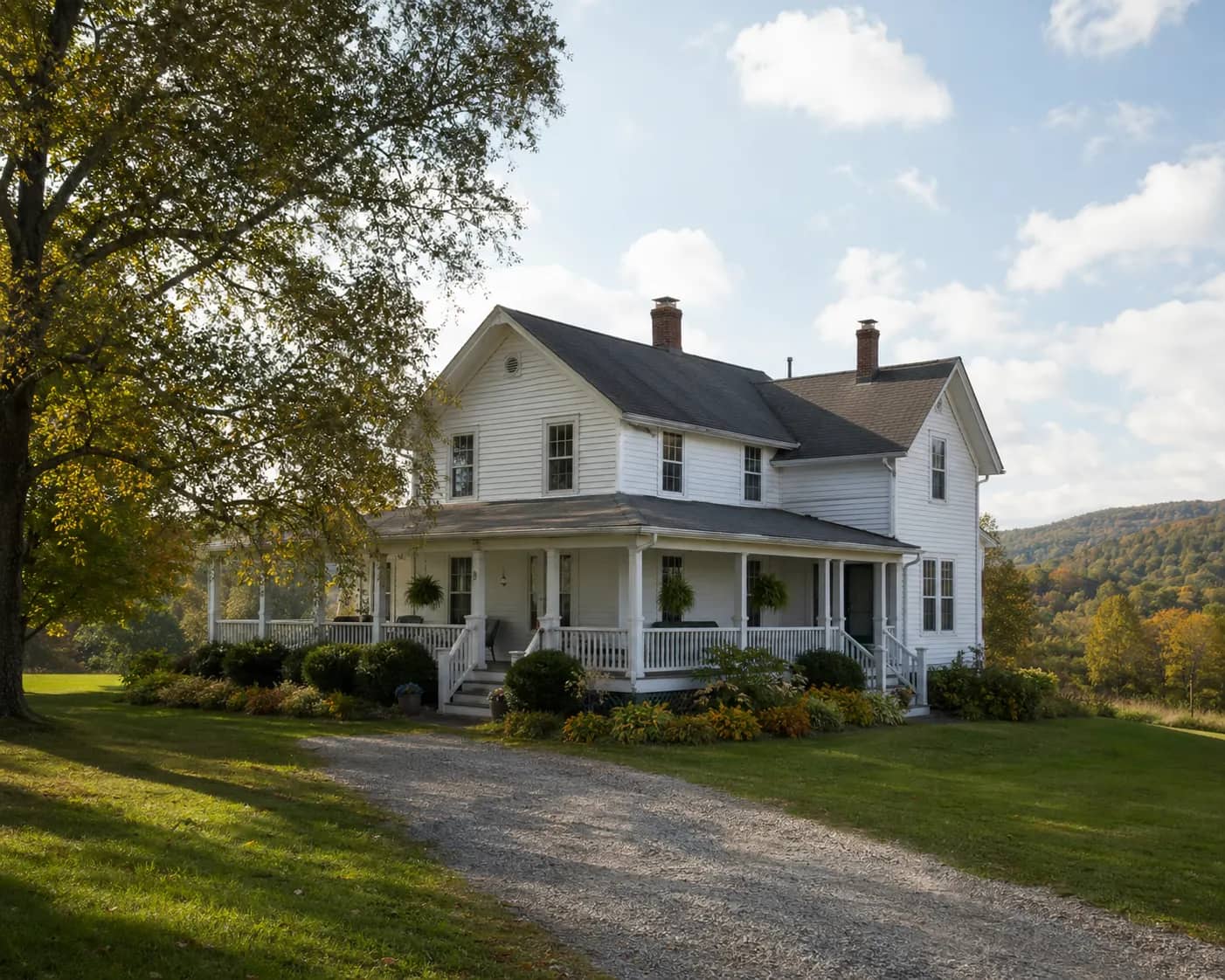 Rural farmhouse with a wraparound porch